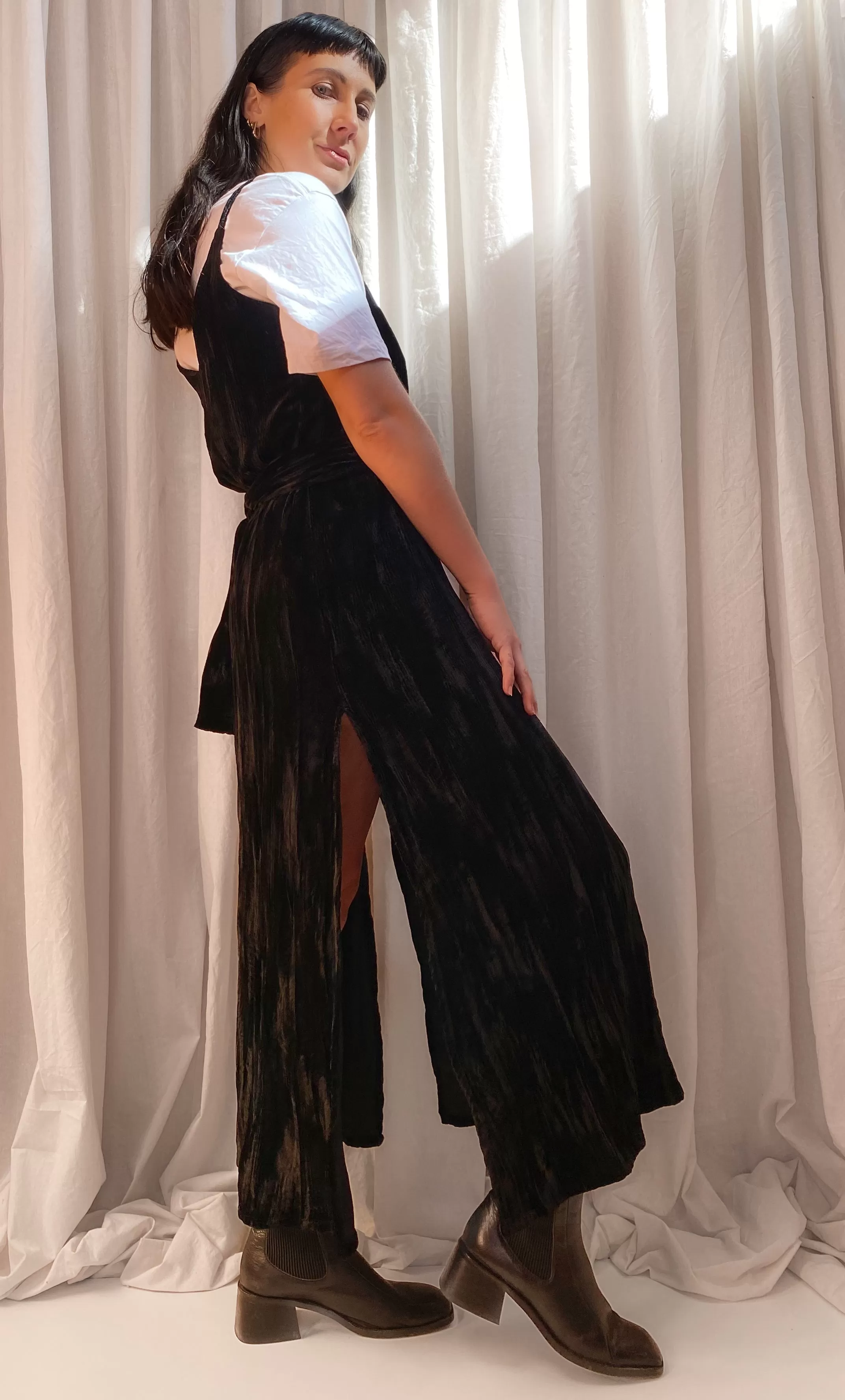 • PRE-LOVED • Handmade Velvet Maxi Slip Dress [ Black Crinkle, Split, V neck, Size Small ]