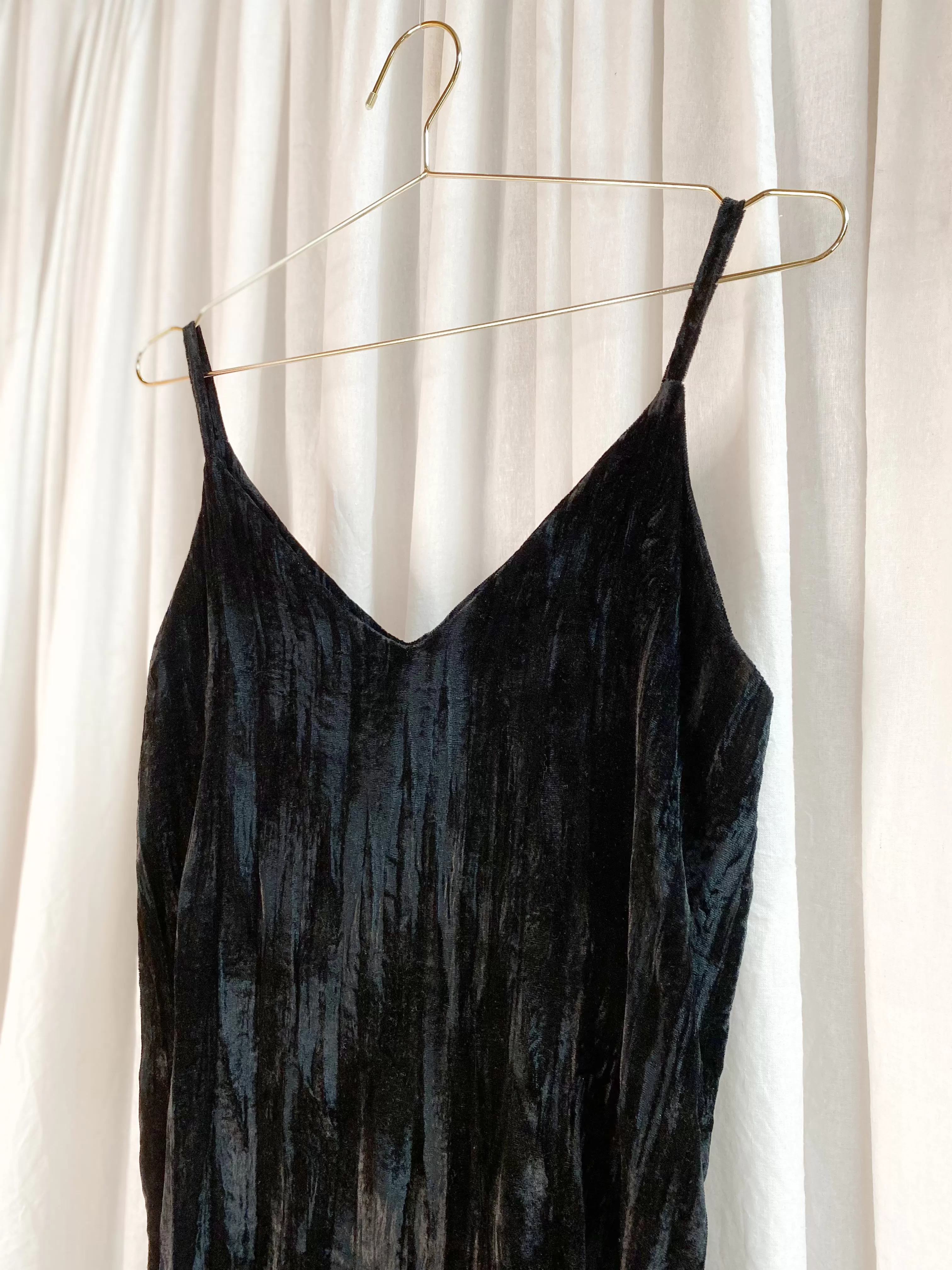 • PRE-LOVED • Handmade Velvet Maxi Slip Dress [ Black Crinkle, Split, V neck, Size Small ]