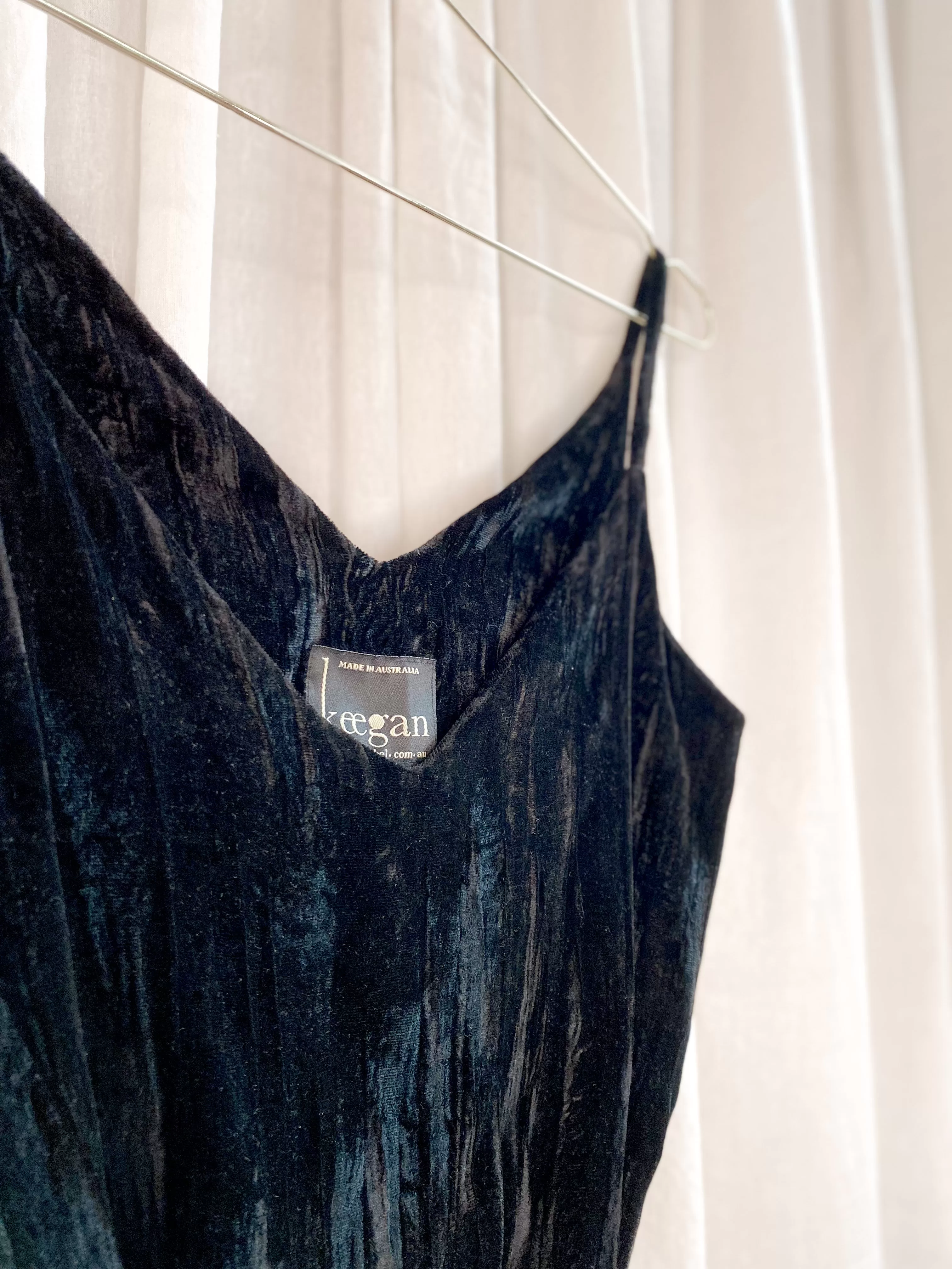 • PRE-LOVED • Handmade Velvet Maxi Slip Dress [ Black Crinkle, Split, V neck, Size Small ]