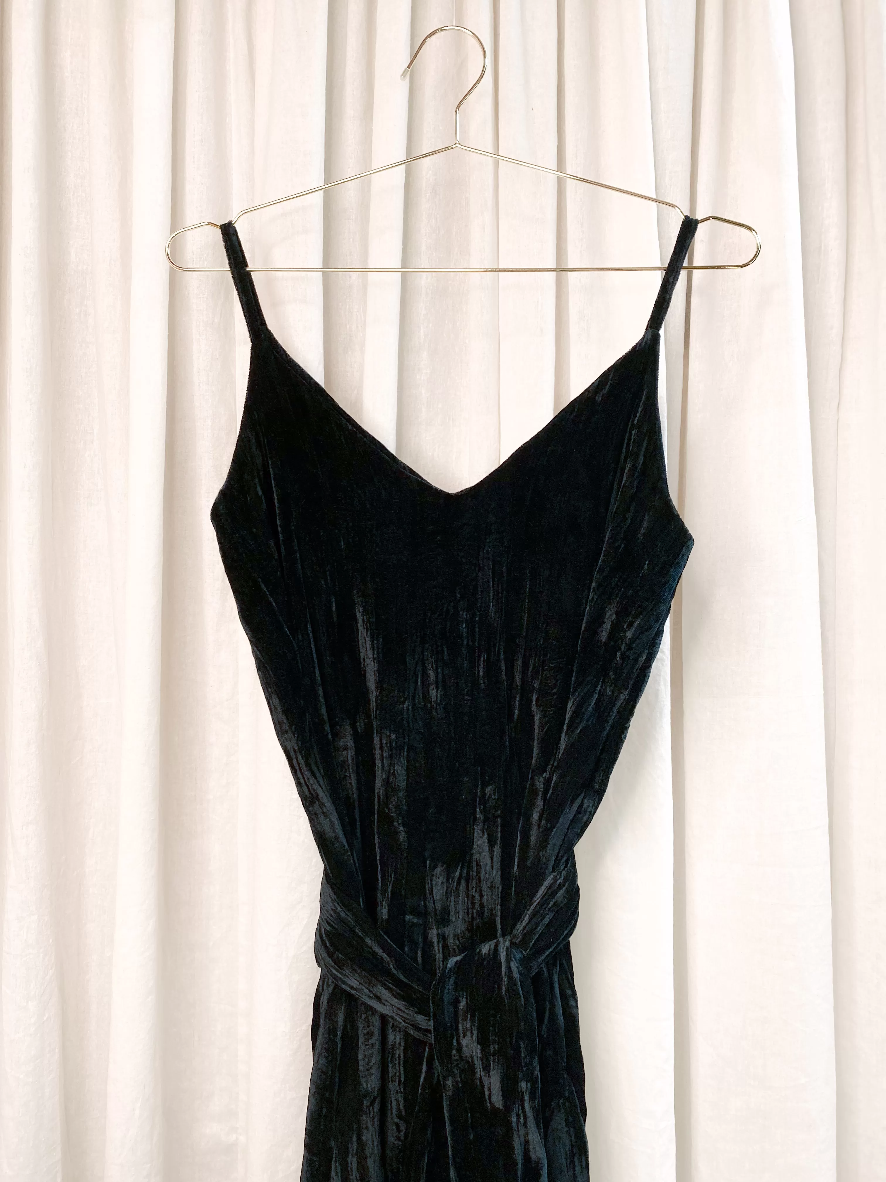 • PRE-LOVED • Handmade Velvet Maxi Slip Dress [ Black Crinkle, Split, V neck, Size Small ]