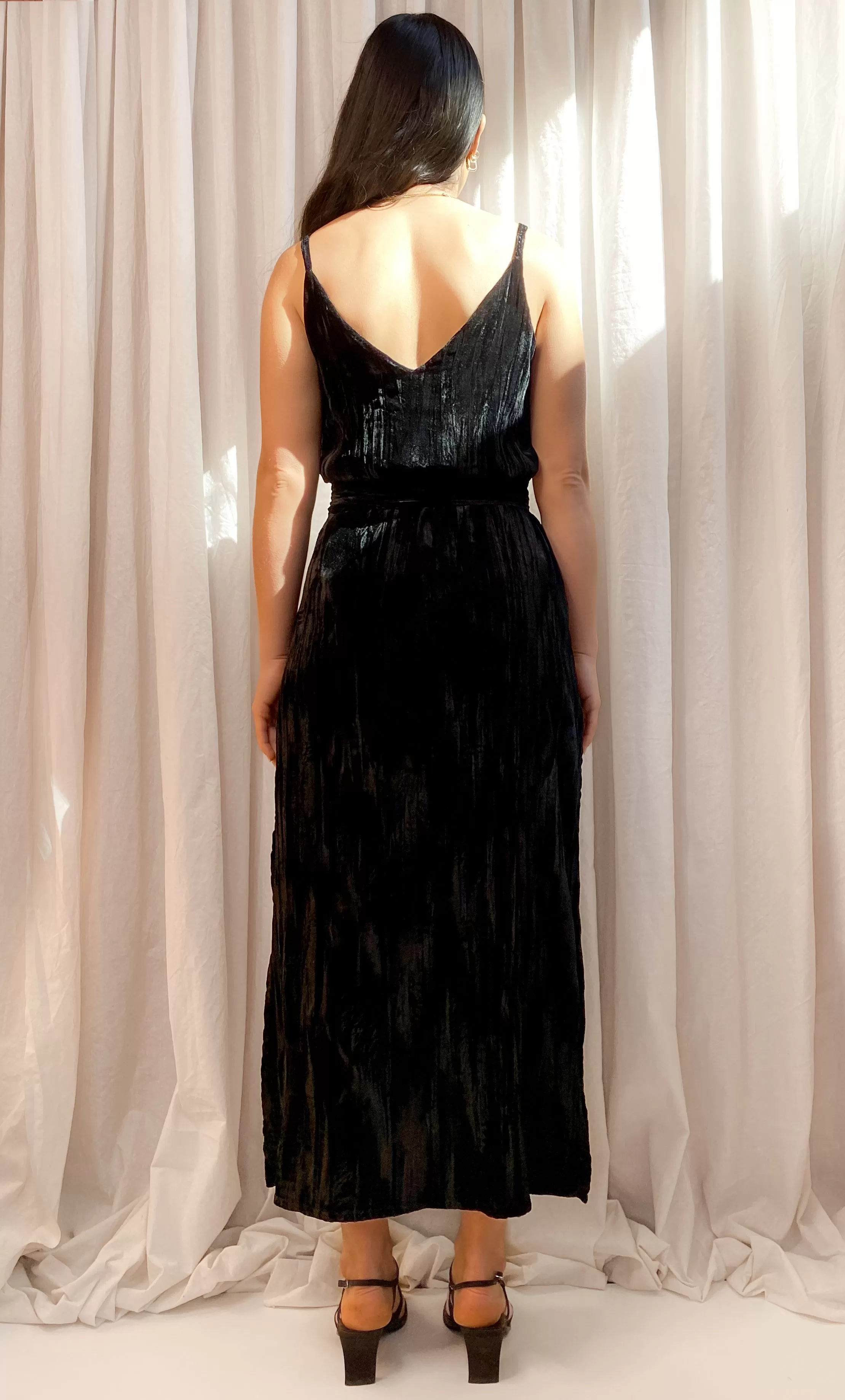 • PRE-LOVED • Handmade Velvet Maxi Slip Dress [ Black Crinkle, Split, V neck, Size Small ]