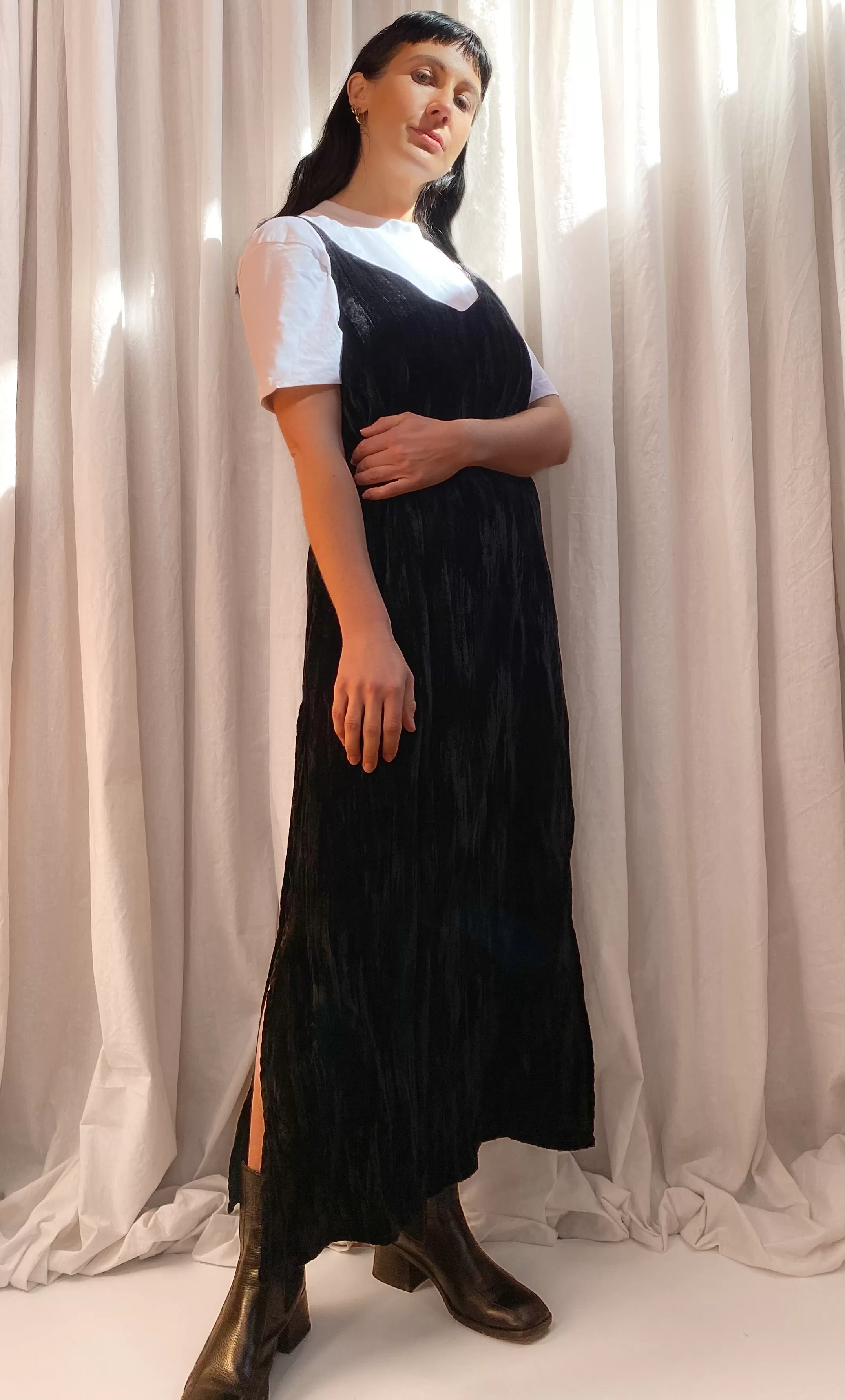 • PRE-LOVED • Handmade Velvet Maxi Slip Dress [ Black Crinkle, Split, V neck, Size Small ]